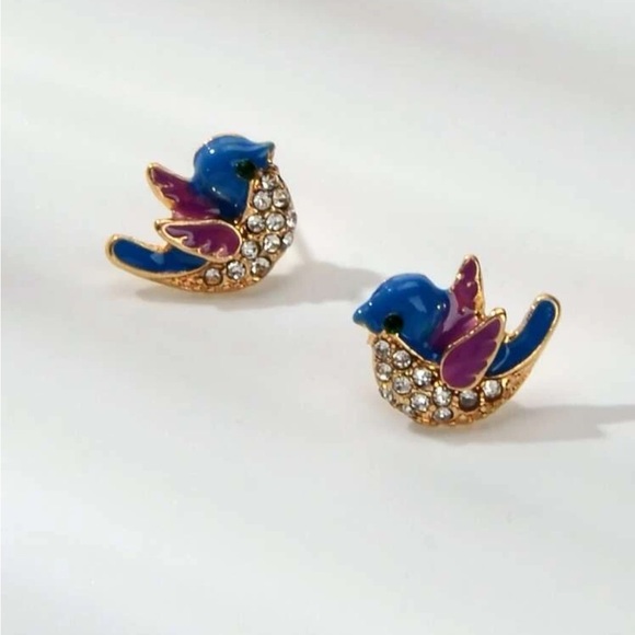 BLUE BIRD RHINESTONE MINIMALIST STUD EARRINGS - Picture 4 of 5